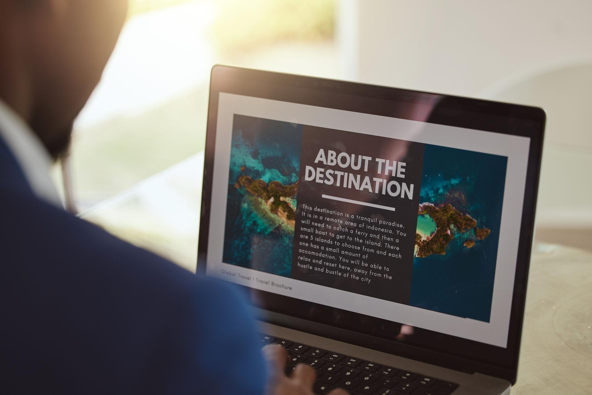 Laptop screen, travel website and businessman reading search information on vacation planning, marketing or online application. Black man, ux web design for contact us, booking faq or about us page