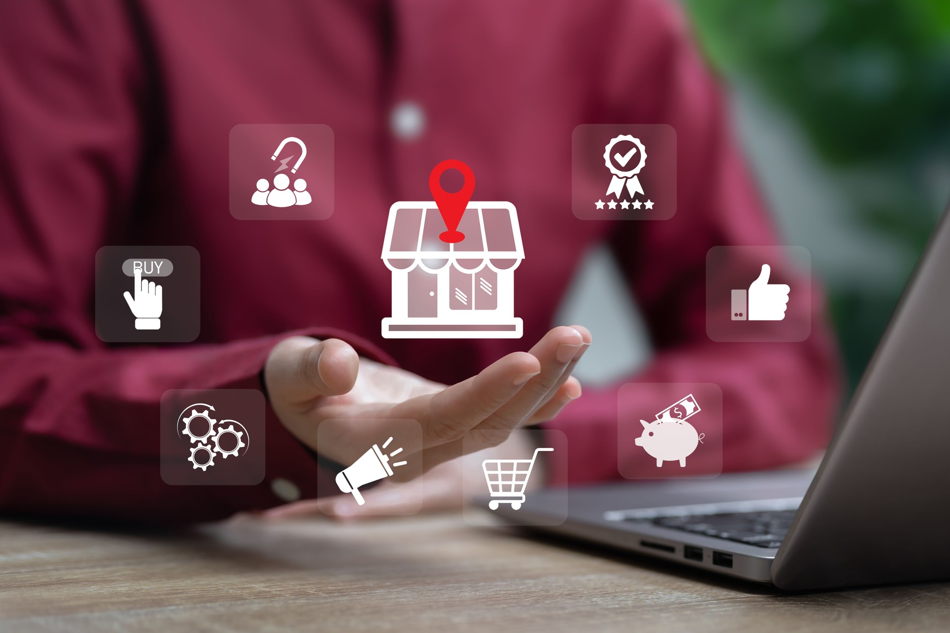 E-commerce and marketing, Local marketplace concept, Women use a laptop to manage the local marketplace, Social media, Local seo strategy, Search optimisation, Small businesses, Franchise, Product